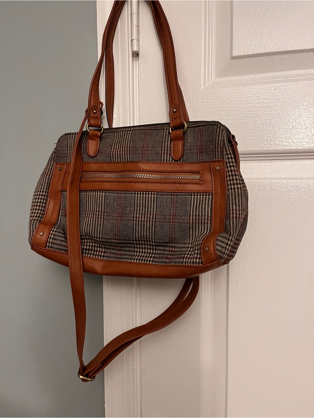 Plaid Crossbody Satchel with Brown Leather Trim - Women's Crossbody Bag
